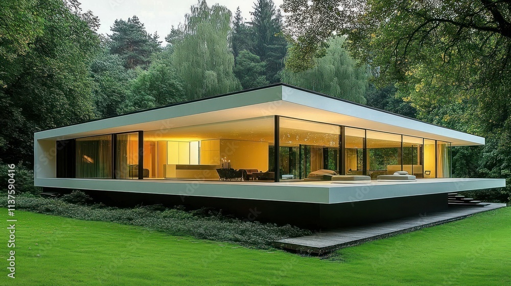 A minimalist house located in a forest area, designed as a house structure with surrounding trees and green plants background wallpaper AI generated image A minimalist house located in a forest area, designed as a house structure with surrounding trees and green plants background wallpaper AI generated image