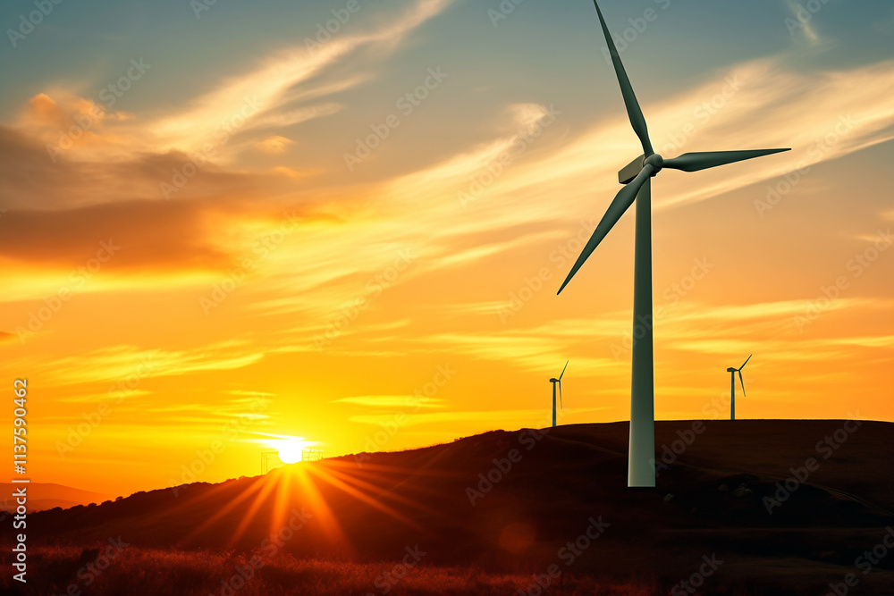 Obraz premium A glowing wind turbine silhouette on a hill with a vibrant sunset background