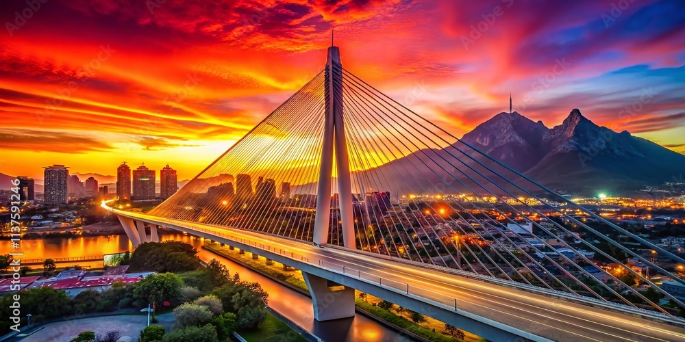Obraz premium Monterrey Sunset: Low Light Cable-Stayed Bridge, Cerro de la Silla Panorama