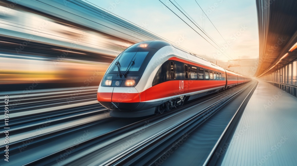 High-Speed Red Train Blurring Past Station at Sunset High-Speed Red Train Blurring Past Station at Sunset