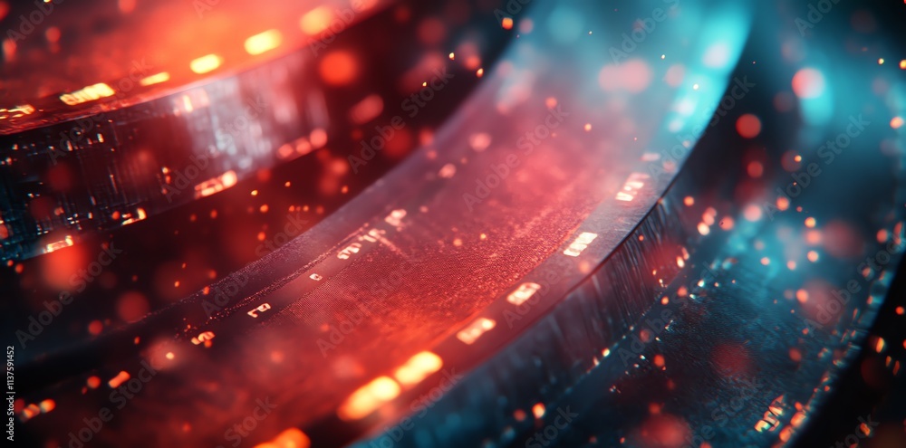 Obraz premium Abstract futuristic background with glowing red and blue lights and particles.