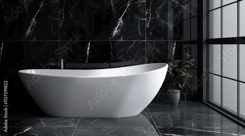 White bathtub in a bathroom with a black marble wall.