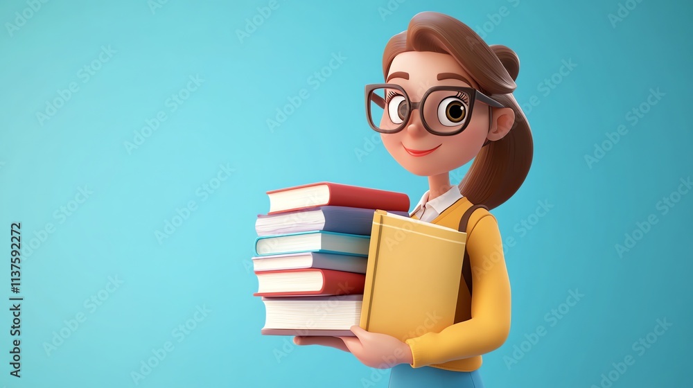 A cartoon girl with glasses holds a stack of books. A cartoon girl with glasses holds a stack of books.