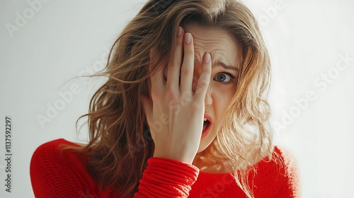 Close-up of a surprised young woman with hand covering part of her face. photo