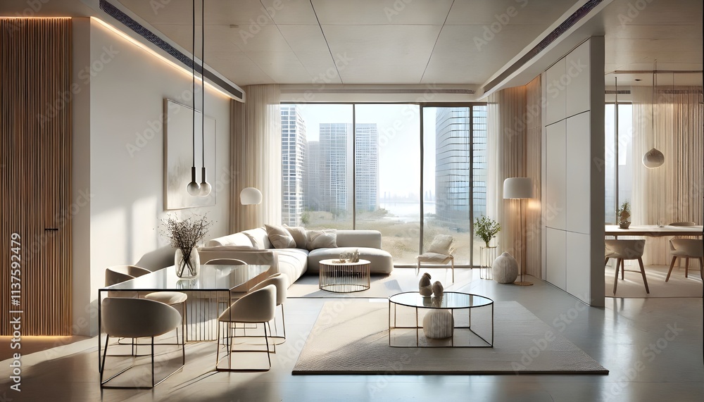 Fototapeta premium Modern Living Room Interior with Large Windows and City View