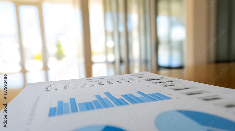 Close-up of financial report with bar and pie charts on wooden table, blurred background. Close-up of financial report with bar and pie charts on wooden table, blurred background.