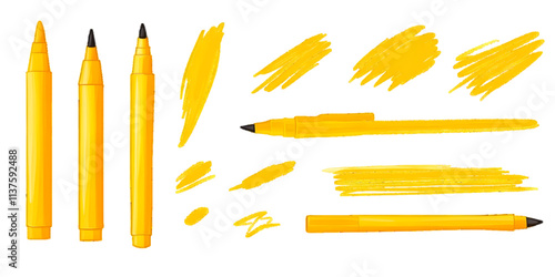 Lines of yellow highlighter markers along text strokes, highlights marking. Modern symbol set isolated on white or transparent background