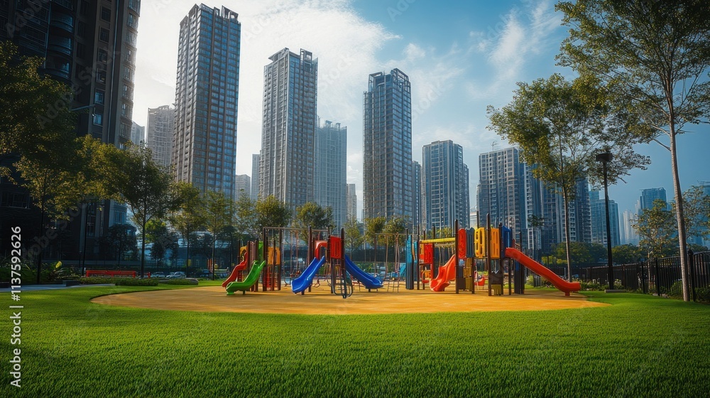 Playground in a green park in the middle of the city. The area features slides and swings surrounded by soft grass, with tall buildings background AI generated image Playground in a green park in the middle of the city. The area features slides and swings surrounded by soft grass, with tall buildings background AI generated image