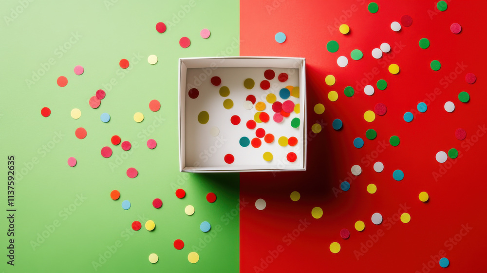 Overhead view of an empty open birthday present gift box with colorful confetti Overhead view of an empty open birthday present gift box with colorful confetti
