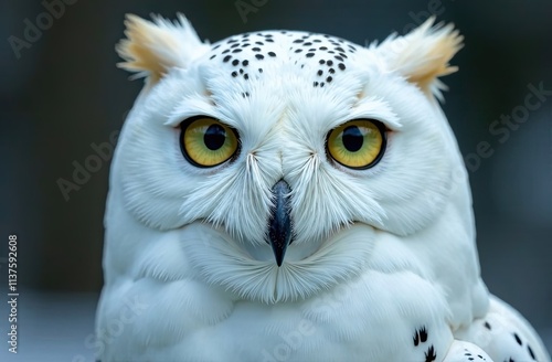 Majestic snowy owl with striking features observing its surroundings during a serene dusk in a natural habitat. Generative AI photo