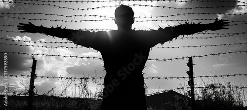 A man with his arms outstretched behind him, silhouetted against the background of barbed wire and clouds in black and white. photo