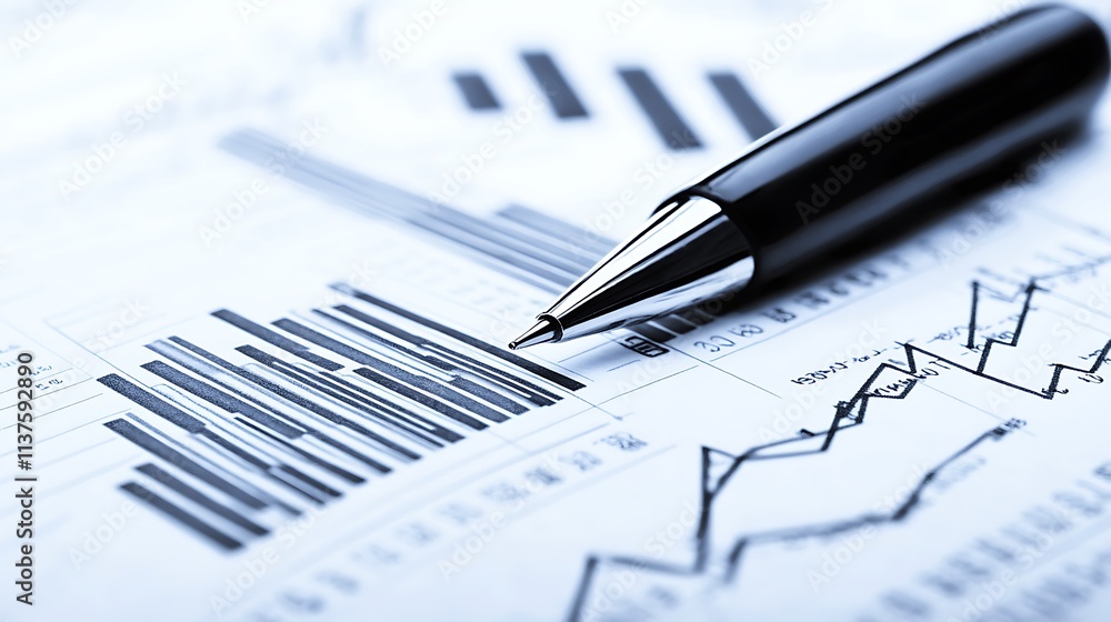Close-up of pen resting on financial charts and barcodes. Close-up of pen resting on financial charts and barcodes.