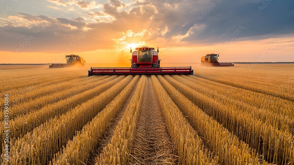 Fototapeta premium Harvesting wheat at sunset with three red combines in a golden field.