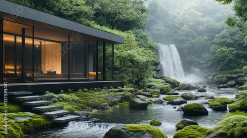 Fototapeta Naklejka Na Ścianę i Meble -  The minimalist house is cleanly located next to a clear forest river and a small waterfall background wallpaper AI generated image