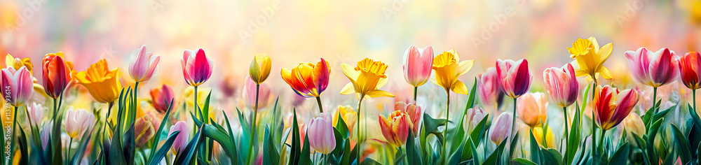 Vibrant photo of colorful tulips and daffodils in a spring garden on a sunny day. Vibrant photo of colorful tulips and daffodils in a spring garden on a sunny day.