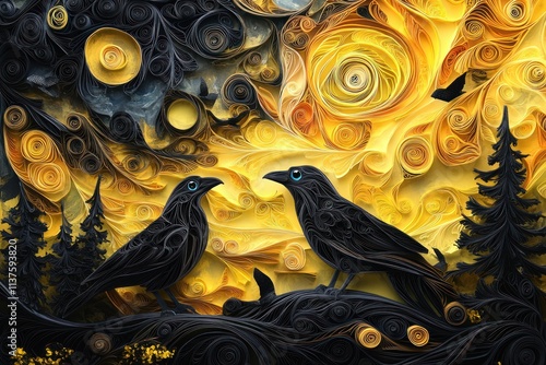 Two Ravens in a Paper Art Landscape photo