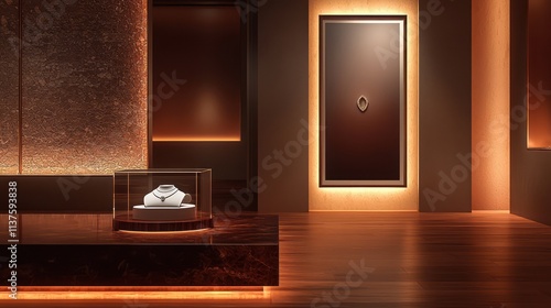 Stylish jewelry display with a single piece on a pedestal and a vertical poster frame on a wooden floor.