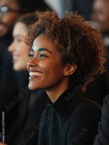 Candid Smiling Woman in Business Casual, Celebratory Expression