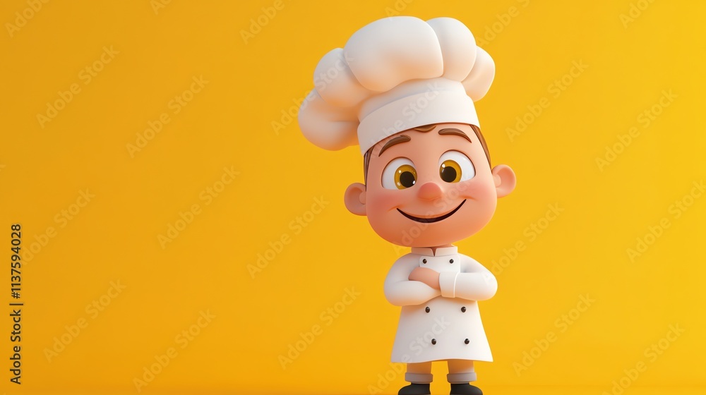 A cartoon chef smiles as he stands in front of a yellow background. A cartoon chef smiles as he stands in front of a yellow background.