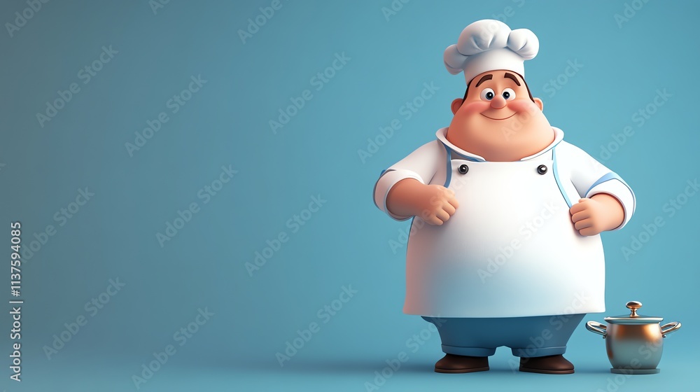 A cartoon chef with a mustache smiles and holds a pot. A cartoon chef with a mustache smiles and holds a pot.