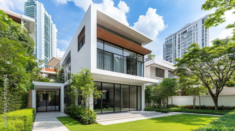 Modern minimalist house in the middle of the city and lush green garden. This house is surrounded by urban buildings but background wallpaper AI generated image Modern minimalist house in the middle of the city and lush green garden. This house is surrounded by urban buildings but background wallpaper AI generated image