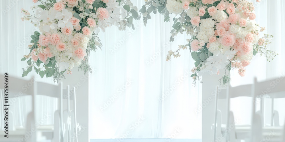 Elegant Floral Arrangements at a Wedding Ceremony Hall, Featuring Delicate Blooms and Lush Greenery for a Beautiful Bride and Groom Celebration Elegant Floral Arrangements at a Wedding Ceremony Hall, Featuring Delicate Blooms and Lush Greenery for a Beautiful Bride and Groom Celebration