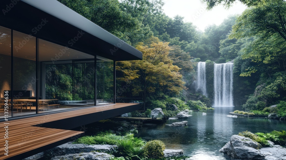 Modern minimalist house overlooking green forests and flowing waterfalls background wallpaper AI generated image Modern minimalist house overlooking green forests and flowing waterfalls background wallpaper AI generated image