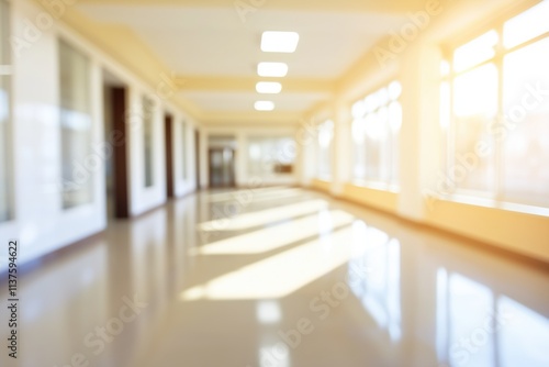A blurred view of a modern open-plan office with contemporary design, featuring bright natural lighting and stylish furniture