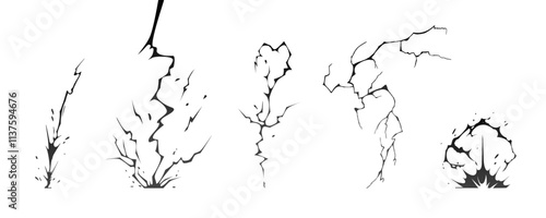Lightning strike bolt silhouettes sequence vector illustration. Black thunderbolts and zippers are natural phenomena isolated on a dark background. Thunderstorm electric effect of light shining flash.