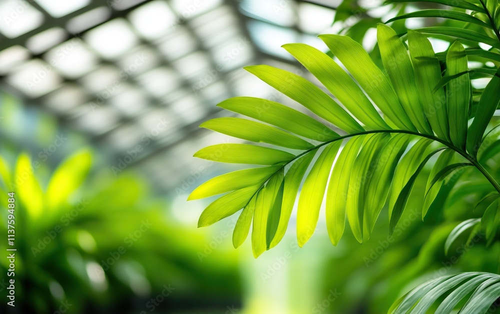 Obraz premium Lush green palm leaves stretch towards a bright, sunlit greenhouse, showcasing vibrant foliage and a serene botanical atmosphere.