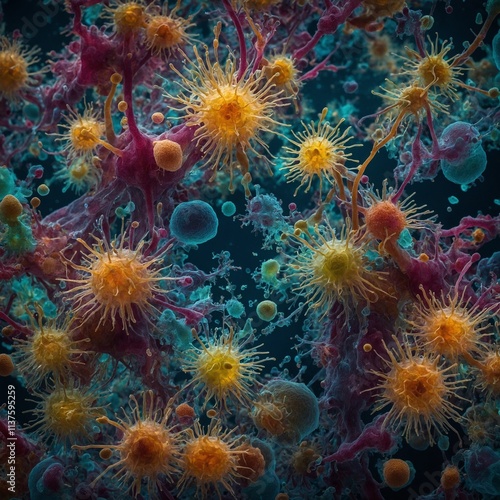 An abstract representation of cellular structures and microorganisms as seen under a microscope. 