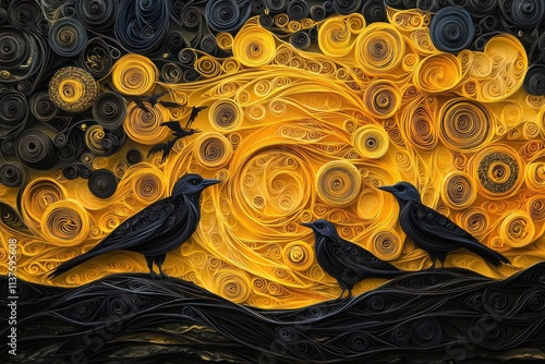Three Black Birds on a Paper Art Background