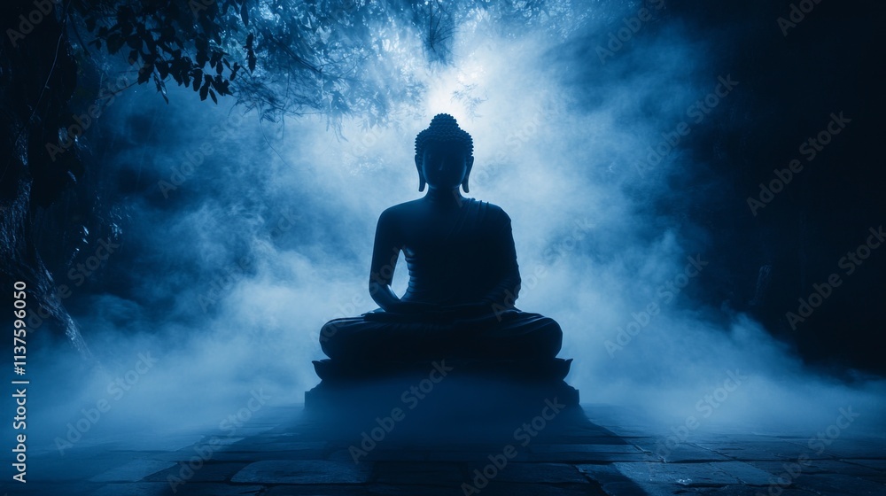 Serene Buddha Statue in Mysterious Blue Foggy Environment Serene Buddha Statue in Mysterious Blue Foggy Environment