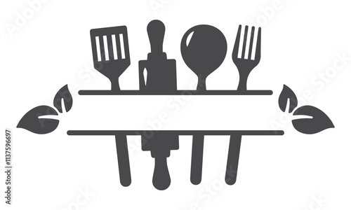 Split frame monogram design, kitchen nametag with spatula, spoon. Isolated vector silhouette on white background. Chef name tag template. Cookin or baking course member sign