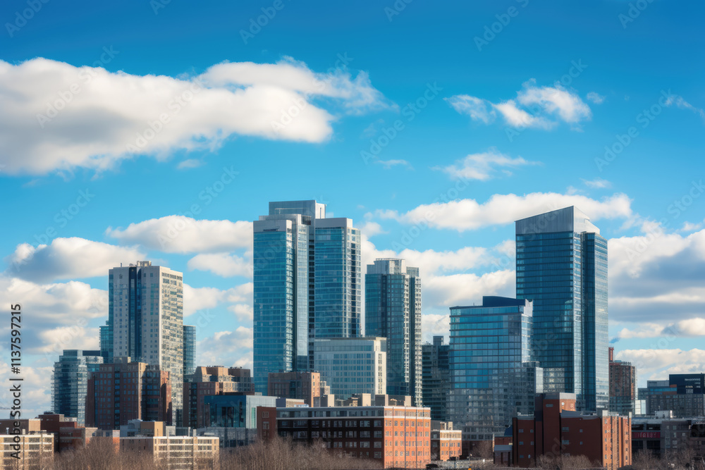 generated illustration of cityscape with blue sky and white clouds generated illustration of cityscape with blue sky and white clouds