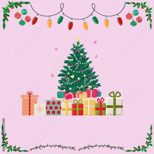 cheerful Christmas tree with presents underneath, surrounded by festive lights and ornaments