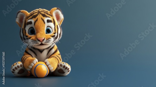 A cute cartoon tiger cub sitting with a ball on a blue background.