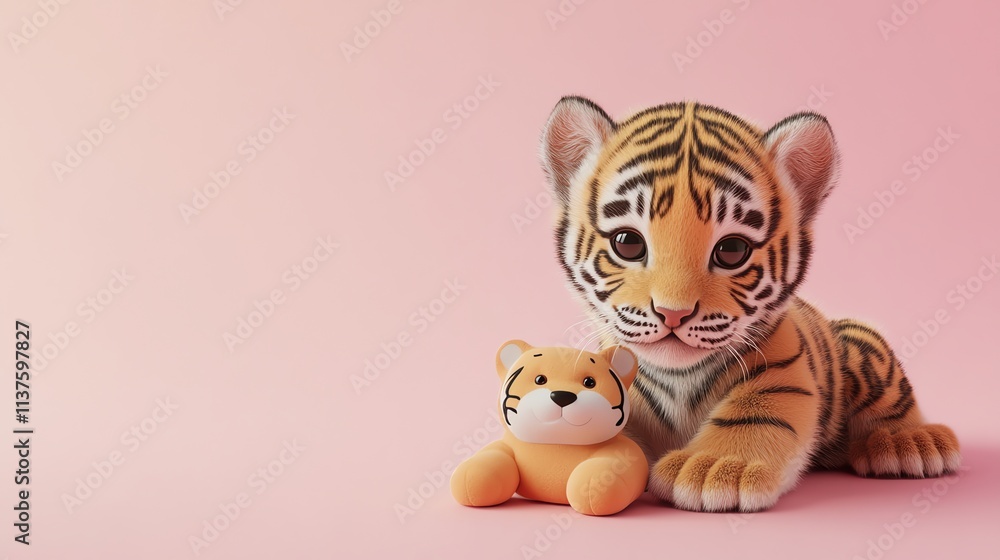 Fototapeta premium A cute cartoon tiger cub next to a plush tiger toy.