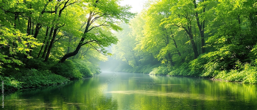 Dense foliage surrounding a serene river in the spring forest, scenery, foliage, landscape, spring Dense foliage surrounding a serene river in the spring forest, scenery, foliage, landscape, spring