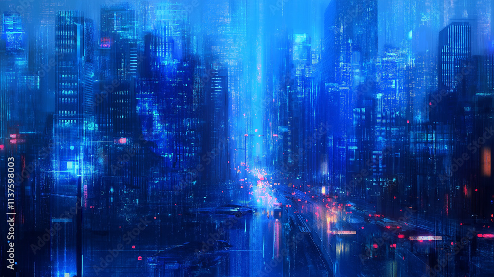 Obraz premium Futuristic Urban Cityscape with Blue Glass Buildings and Blurred Traffic, Conceptual Digital Art for Modern Architecture and Business.