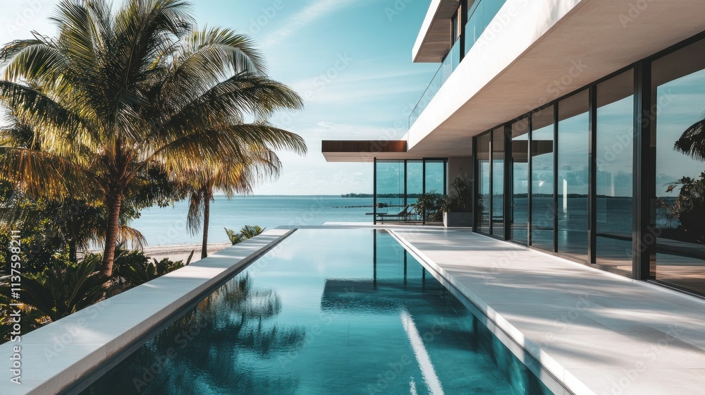 Fototapeta premium Minimalist and luxurious modern house near the tropical beach, featuring a rectangular pool, background wallpaper AI generated image