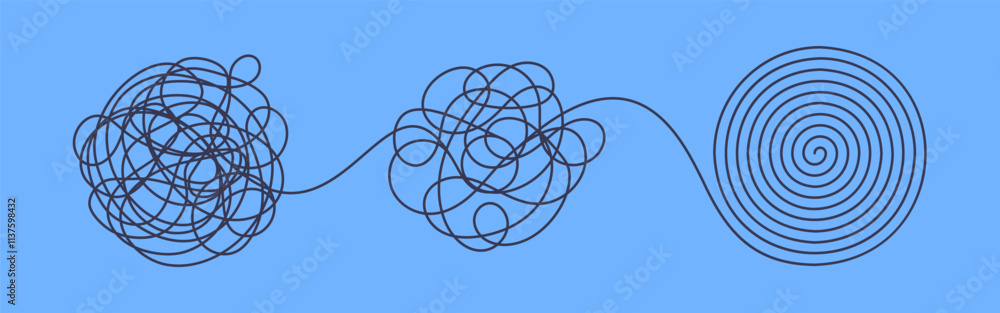 Chaos and order business concept flat style design vector illustration isolated on white background. Tangled disorder turns into spiral order line, find solution. Coaching, mentoring or psychotherapy. Chaos and order business concept flat style design vector illustration isolated on white background. Tangled disorder turns into spiral order line, find solution. Coaching, mentoring or psychotherapy.
