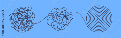 Chaos and order business concept flat style design vector illustration isolated on white background. Tangled disorder turns into spiral order line, find solution. Coaching, mentoring or psychotherapy.