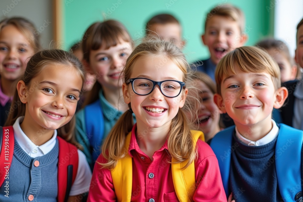 Happy School Children Smiling Together in Classroom, Perfect for Educational Materials, Posters, and Promoting Positive Learning Environments Happy School Children Smiling Together in Classroom, Perfect for Educational Materials, Posters, and Promoting Positive Learning Environments