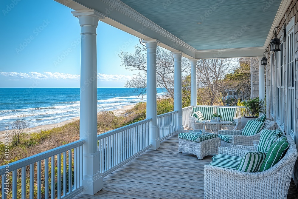 Fototapeta premium Cozy beach house in New Jersey with a deck featuring green-striped chairs and white wicker furniture, ocean view, sunny day, blue sky, and white wooden columns.