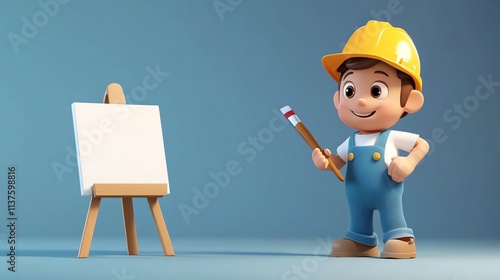 A smiling cartoon construction worker with a yellow hard hat holds a paint brush and looks at a blank canvas on an easel.