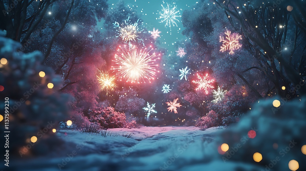 Fototapeta premium Magical winter night scene with fireworks in snowy forest.