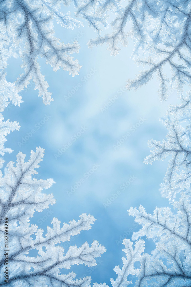Glowing Frosty Winter Border with Icy Snowflake Branches and Soft Blue Background Glowing Frosty Winter Border with Icy Snowflake Branches and Soft Blue Background
