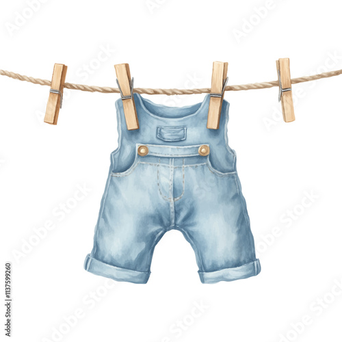 Watercolour Illustration of Baby Blue Overalls Hanging on a Clothesline with Wooden Pegs, isolated on transparent background, png