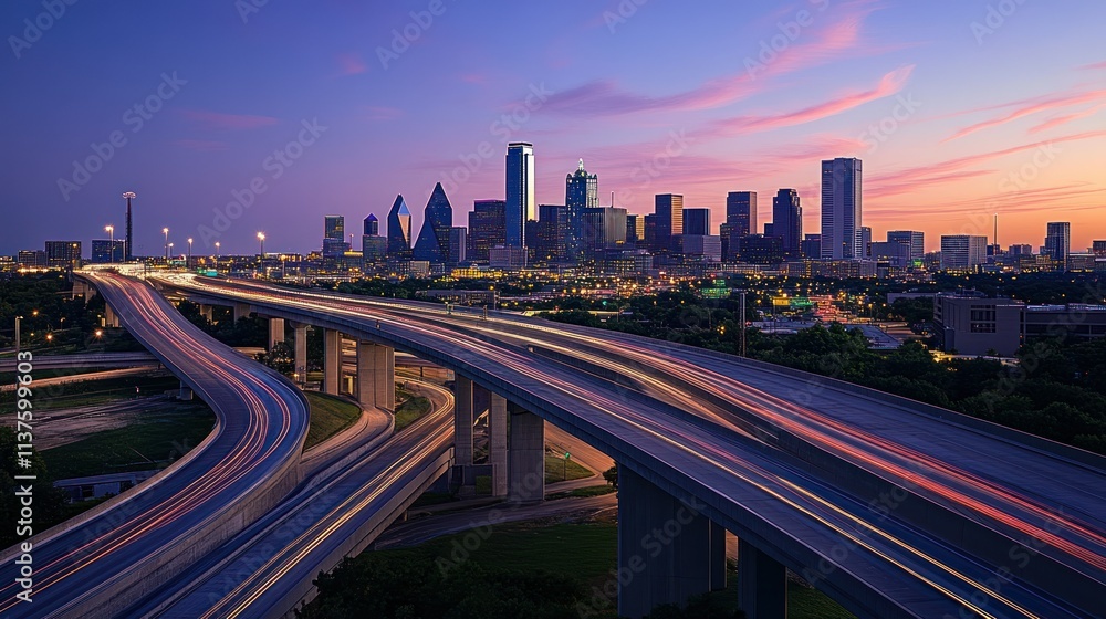 Fototapeta premium Modern overpass with sleek concrete arches and multiple lanes, illuminated by street lights at dusk background wallpaper AI generated image